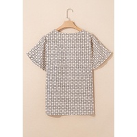 Khaki Plus Size Geometric Print Ruffled Sleeve Blouse - 1X thumbnail