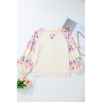 Apricot Plus Size Floral Patchwork Ribbed Puff Sleeve Top - 1X thumbnail