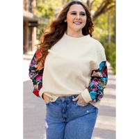 White Floral Patchwork Sleeve Textured Plus Size Pullover Top - 1X thumbnail