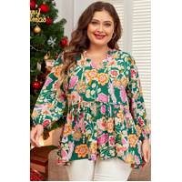 Green Floral Tied V Neck Long Sleeve Plus Size Babydoll Top - 1X thumbnail