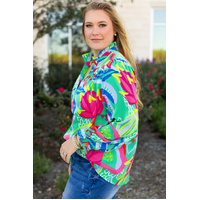 Green Abstract Printed Flounce Sleeve V Neck Buttoned Plus Size Blouse - 1X thumbnail