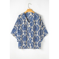 Blue Plus Size Ethnic Printed 3/4 Sleeve V Neck Loose Blouse - 2X thumbnail