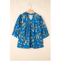 Blue Floral Notched V Neck Half Sleeve Plus Size Blouse - 4X thumbnail