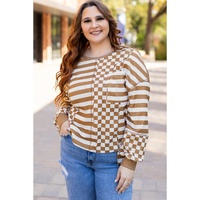 Khaki Striped Checkered Mixed Print Chest Pocket Casual Plus Size Top - 1X thumbnail