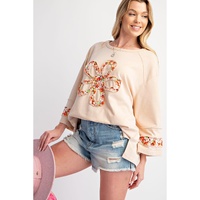 Beige Plus Size Flower Patched Side Slits Crewneck Top - 3X thumbnail
