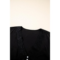 Black Plus Size Lace Splicing Button V Neck Short Sleeve Top - 2X thumbnail