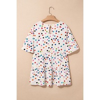 Beige Colorful Polka Dot Print Short Sleeve Ruffled Plus Size Babydoll Blouse - 1X thumbnail