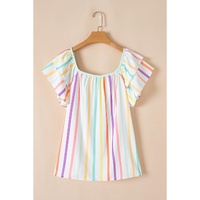 White Stripe Ruffled Sleeve Square Neck Plus Size Blouse - 1X thumbnail