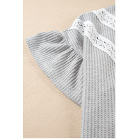 Light Grey Lace Insert Waffle Ruffle Short Sleeve Plus Size Top - 1X thumbnail