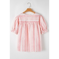 Pink Stripe Plus Size Tassel Tie Frilled Detail Short Sleeve Blouse - 1X thumbnail