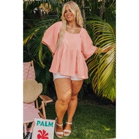 Apricot Pink Plus Size Textured Wide Short Sleeve Babydoll Blouse - 1X thumbnail