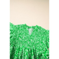 Green Floral Flutter Sleeve Shirred Notched Neck Plus Size Blouse - 1X thumbnail