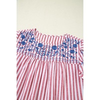 Red Stripe Plus Size Floral Embroidered Petal Sleeve Blouse - 2X thumbnail