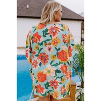 Sky Blue Plus Size Floral Print V Neck Batwing Sleeve Blouse - 4X thumbnail