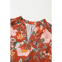 Brown Floral Stitched V Neck Frilled Trim Puff Short Sleeve Blouse - 1X thumbnail