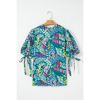 Green Abstract Print Knotted Short Sleeve Plus Size Blouse - 2X thumbnail