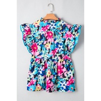 Blue Floral Flutter Sleeve Tied Notched Neck Plus Size Blouse - 1X thumbnail
