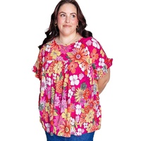 Rose Plus Size Floral Print Ruffle Short Sleeve Blouse - 2X thumbnail