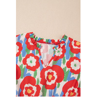 Red Plus Size Floral Print Ruffle Trim Split Neck Peplum Top - 1X thumbnail