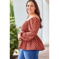 Red Plus Size Square Neck Printed Peplum Top - 2X thumbnail