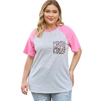 Stripe Leopard Patch Pocket Plus Size Raglan Sleeve Tee - 1X thumbnail