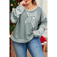 Mist Green Stars Patchwork Round Neck Plus Size T Shirt - 3X thumbnail