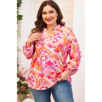 Pink Plus Size Abstract Floral Print V Neck Blouse - 2X thumbnail