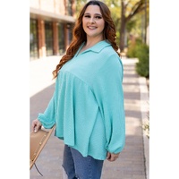Turquoise Cordrd Balloon Sleeve Collar Plus Babydoll Top - 1X thumbnail