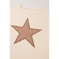 Beige Star Shape Studded Crew Neck Plus Size T Shirt - 1X thumbnail