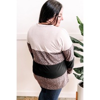 Black Leopard Print Colorblock V Neck Long Sleeve Plus Size Top - 1X thumbnail