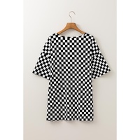 Black Checkered Print Side Slits O Neck Plus Size T Shirt - 1X thumbnail