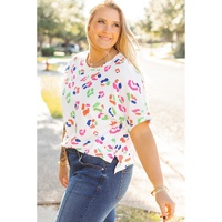 White Multicolor Leopard Print Textured Plus Size T Shirt - 1X thumbnail