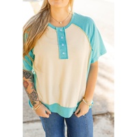 Mint Green Color Block Raglan Sleeve Buttoned Plus Size T Shirt - 2X thumbnail