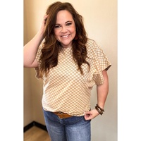 Khaki Checkerboard Short Batwing Sleeve Round Neck Plus Size T Shirt - 1X thumbnail