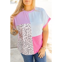 Rose Red Leopard Colorblock Patchwork Corded Knit Plus Size T Shirt - 3X thumbnail