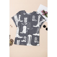 Gray Plus Size Western Boots Print Crew Neck T Shirt - 4X thumbnail