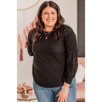Black Plus Size Sequin Patchwork Crew Neck Long Sleeve Top - 3X thumbnail