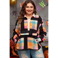 Black Plus Size Checkered Print Sherpa Henley Sweatshirt - 1X thumbnail