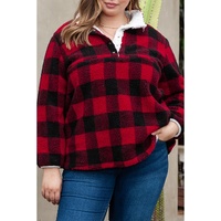 Red Plus Size Buffalo Plaid Sherpa Henley Sweatshirt - 3X thumbnail