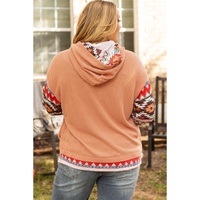 Khaki Aztec Patchwork Waffle Knit Plus Size Hoodie - 2X thumbnail