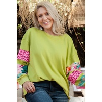Green Plus Size Printed Patchwork Sleeve Split Sweatshirt - 1X thumbnail
