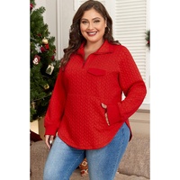 Tomato Red Cable Textured Quarter Zip Pocketed Plus Size Pullover - 1X thumbnail