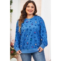 Sky Blue Leopard Ribbed Edge Drop Shoulder Pullover Sweatshirt - 3X thumbnail