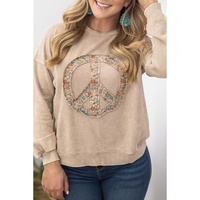 Pale Khaki Floral Peace Sign Graphic Washed Terry Plus Size Sweatshirt - 2X thumbnail