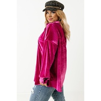 Bright Pink Plus Size Velvet Chest Pocket Drop Shoulder Shirt - 1X thumbnail