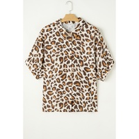 Khaki Plus Size Leopard Print Short Sleeve Buttoned Shirt - 2X thumbnail