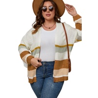 Beige Plus Size Striped Print Open Front Cardigan - 1X thumbnail
