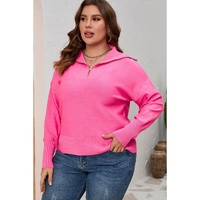 Rose Solid Ribbed Trim Plus Size Zip Collar Sweater - 1X thumbnail