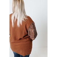 Brown Plus Size Printed Splicing Sleeve Ribbed Trim Sweater - 1X thumbnail