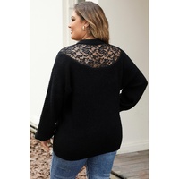 Black Plus Size Ribbed Knit Lace Splicing High Neck Sweater - 1X thumbnail